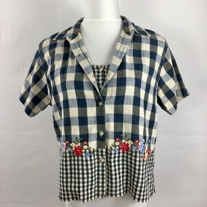 Vintage Cottagecore Buffalo Check Button Front Top Shirt Embroidered Size L